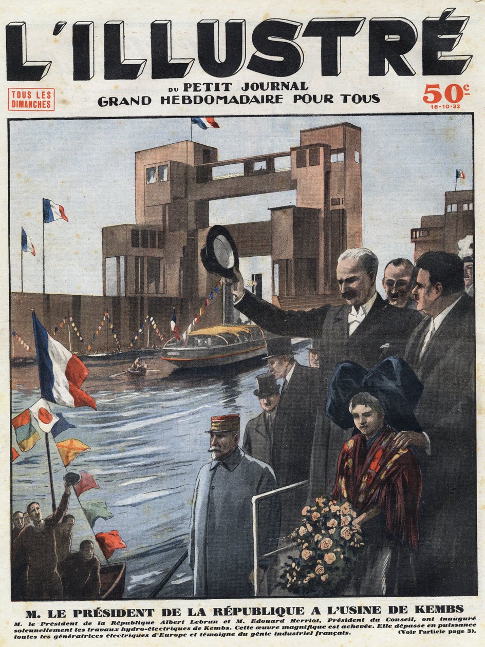 Francia ipar: Albert Lebrun (1871-1950), köztársasági elnök és Edouard Herriot (1872-1957), a tanács elnöke felavatta Kembs vízierőművét a Haut-Rhin-ben (Haut Rhin) Elzászban. „” L