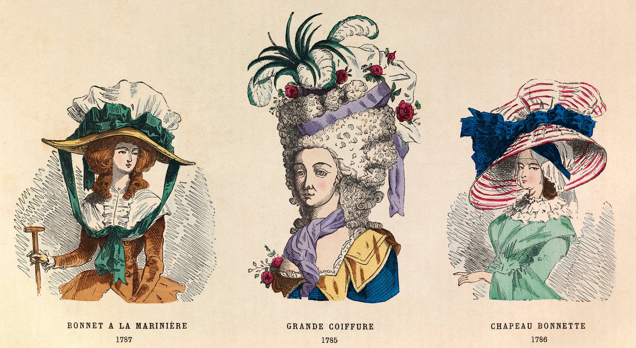 Balról varjú: Hat a la mariniere 1787-ben; Grande Hairstyle 1785-ben és Hat Bonnette 1786-ban - magángyűjtemény. alkotó: Anonymous Anonymous