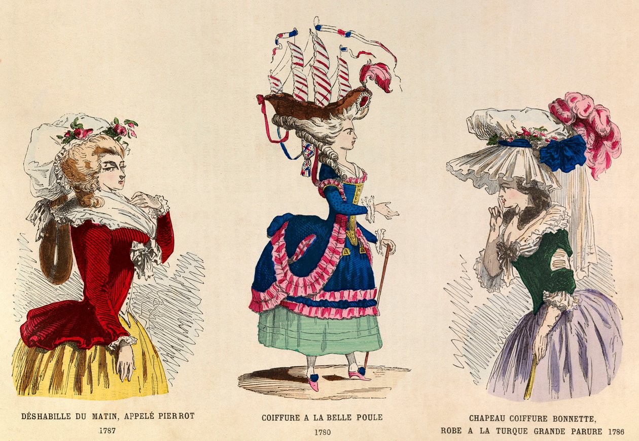 Balról jobbra: Pierrot néven Deshabille du matin 1787-ben; Frizura a la Belle Choule 1780-ban; Kalap sapka és ruha egy nagy török dísz 1786-ban - magángyűjtemény alkotó: Anonymous Anonymous