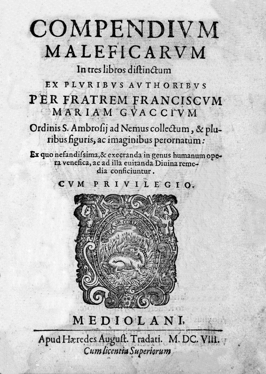 A „Compendium Maleficarum” frontispice, a boszorkányokkal, gonoszságukkal és válogatásukkal foglalkozik Francesco Maria Guazzo vagy Guaccio vagy Guaccius (15? -16??) 1608 alkotó: Anonymous Anonymous