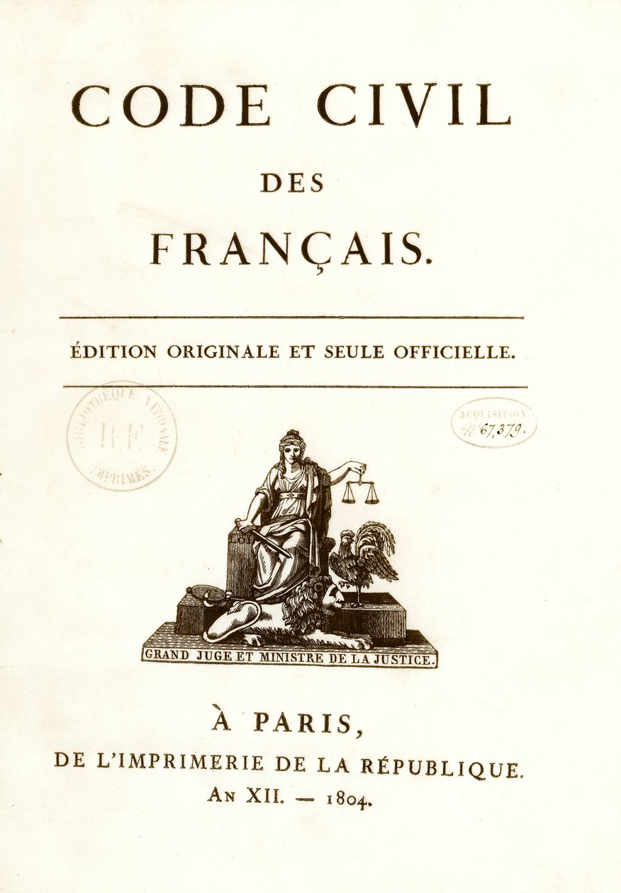 A Bonaparte Napóleon által 1804. március 21-én kihirdetett „Code civil des francais” tizenkét eredeti kiadásának egyikének előlapja. francia polgárjogi törvény. B.N. Párizs alkotó: Anonymous Anonymous