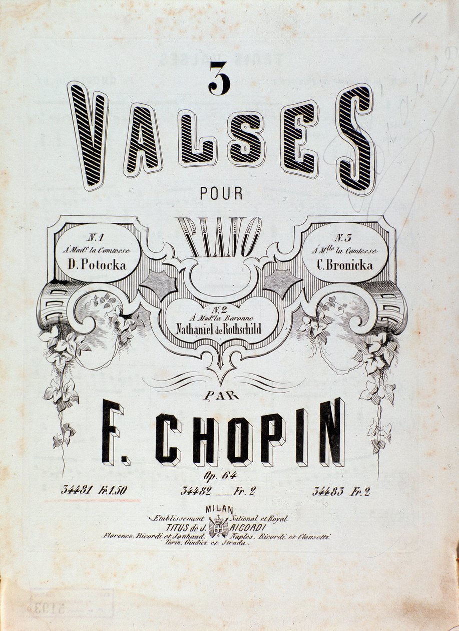 Frederic Chopin (1810-1849) „3 keringő zongorára” partitúrájának előképe, 19. századi magángyűjtemény alkotó: Anonymous Anonymous