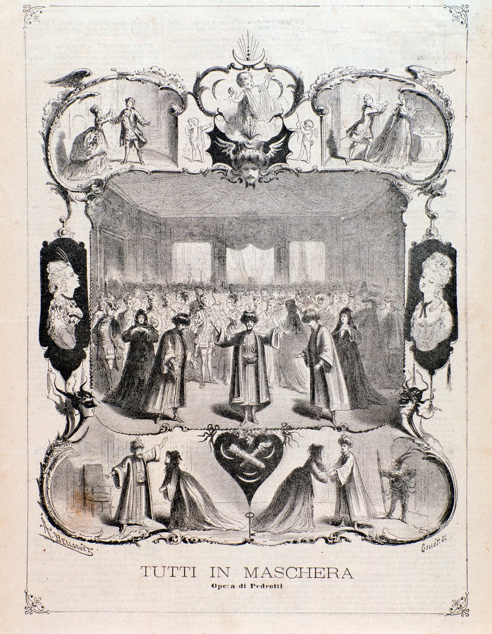 Frontispiece a Tutti maszkos kottájából, Carlo Pedrotti operája alkotó: Anonymous Anonymous