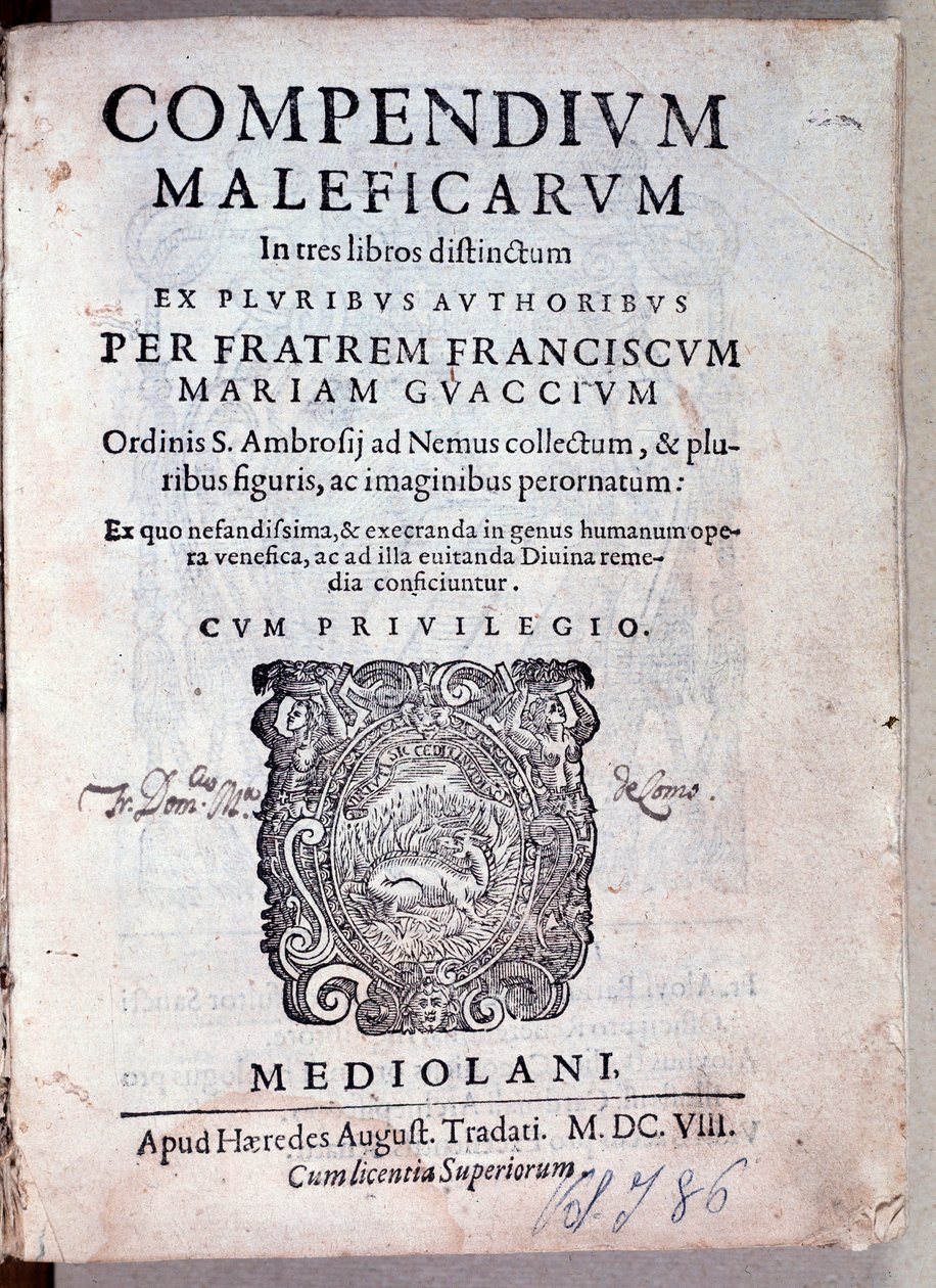 Guazzo Compendium maleficarum előlapja a démonológiáról és a boszorkányságról (metszet alkotó: Anonymous Anonymous
