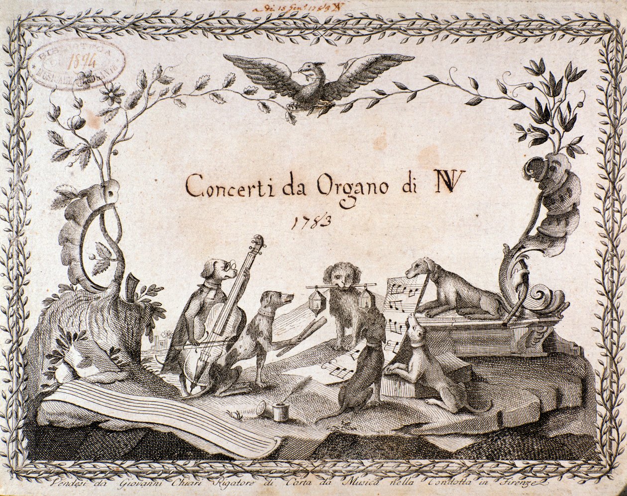 Egy kotta előlapja hangszeren játszó állatok ábrázolásával (1783) alkotó: Anonymous Anonymous