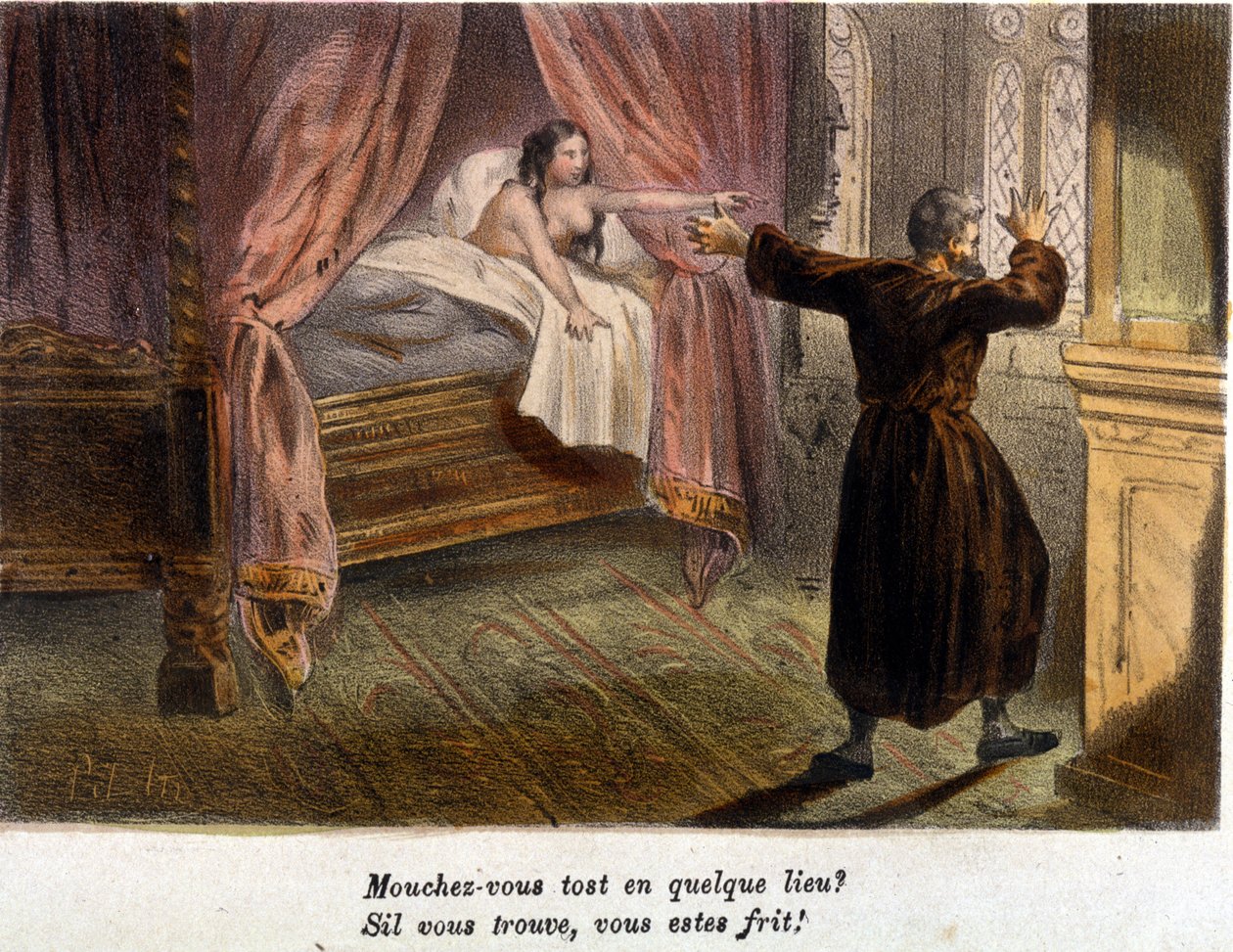 Galáns jelenet: Monk egy meztelen nő társaságában az ágyban, meglepve egy személy érkezésén, megpróbál elbújni. századi színes metszet. . alkotó: Anonymous Anonymous