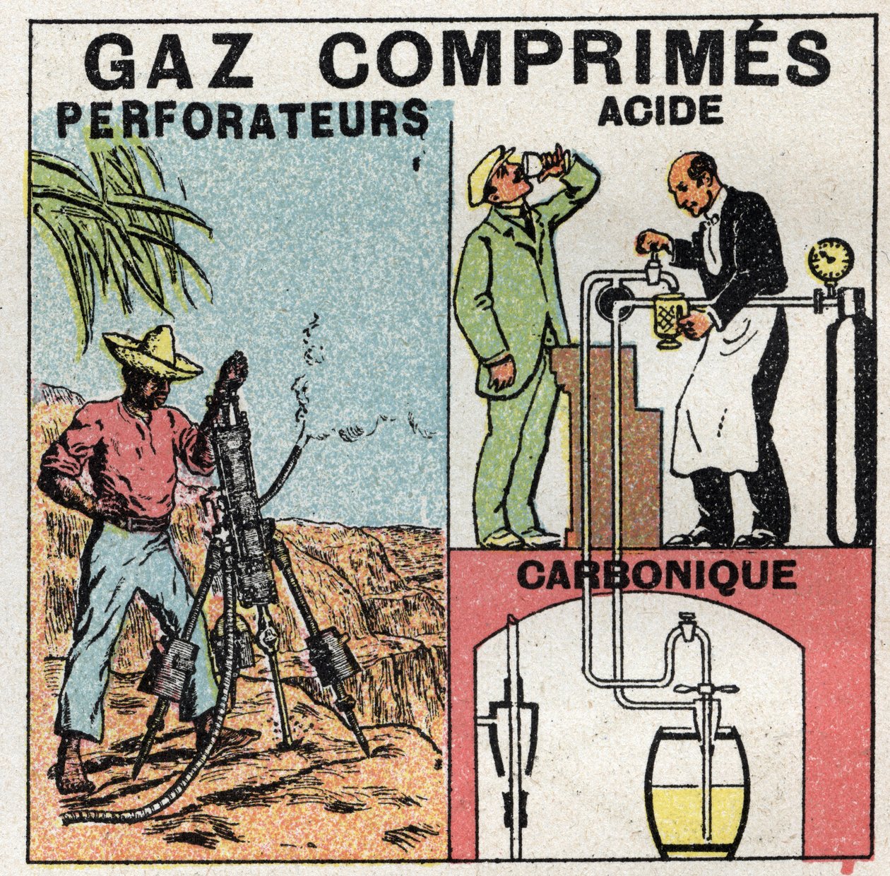Gáznyomás: sűrített levegős fúrókhoz és sörgyártáshoz használt gázedények. Névtelen illusztráció 1925-ből. Magángyűjtemény. alkotó: Anonymous Anonymous