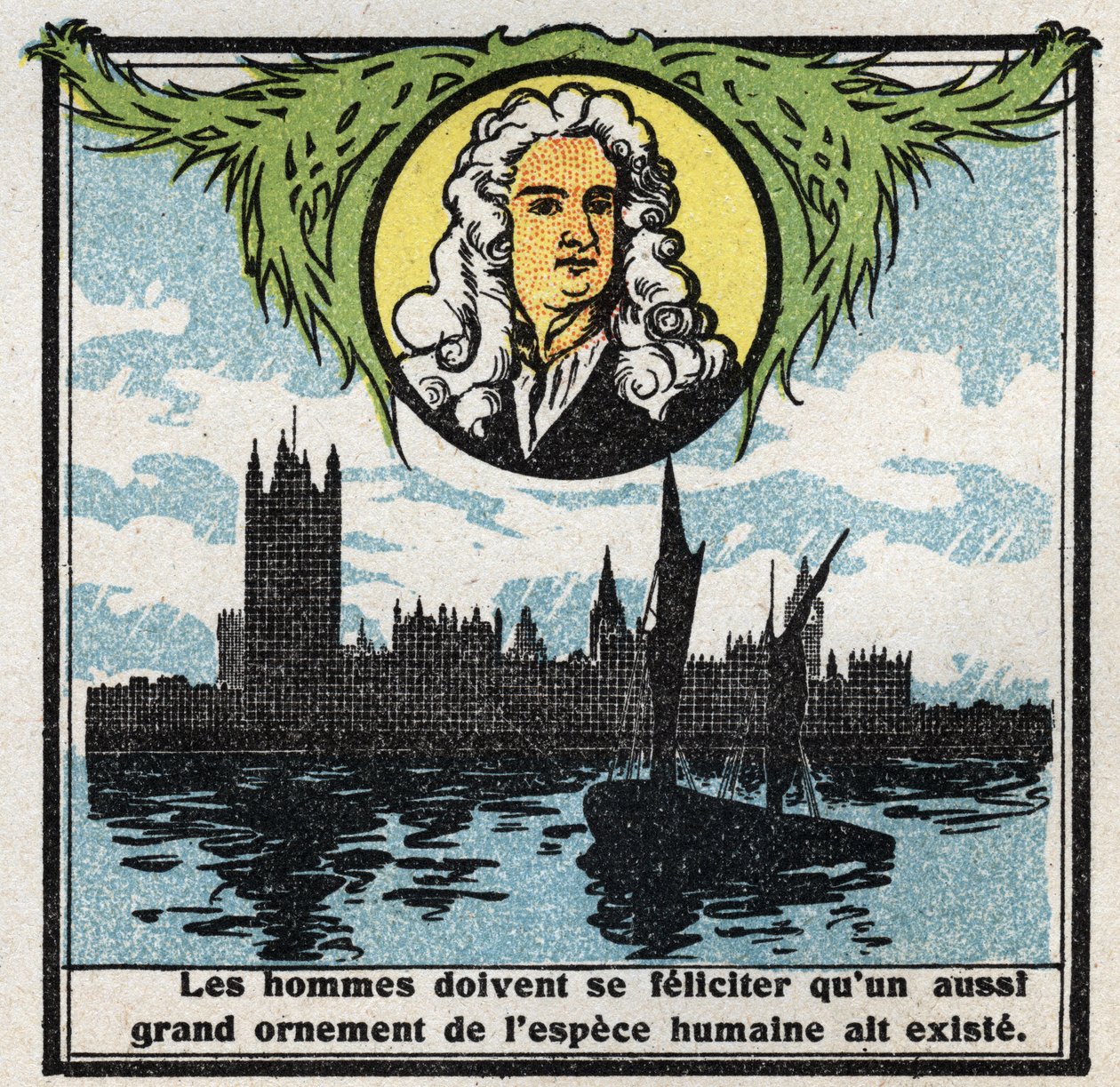 Gravitáció: Isaac Newton (1642-1727) portréja, aki felfedezte a gravitáció (gravitáció) törvényeit. Névtelen illusztráció 1925-ből. Magángyűjtemény. alkotó: Anonymous Anonymous