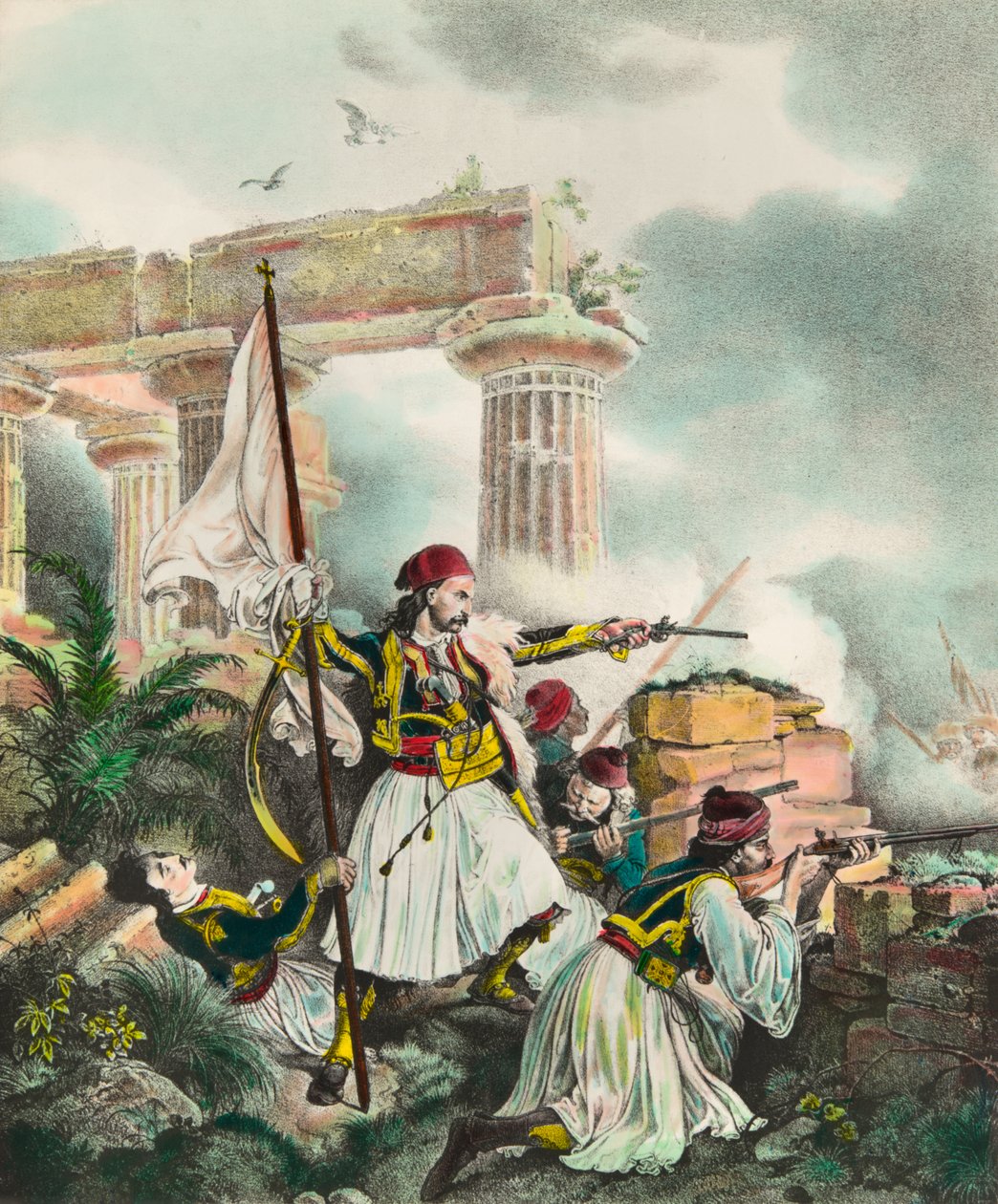 Görög függetlenségi háború az Oszmán Birodalom ellen: az 1821. március 25-i felkelés után Nickolaki Mitropolos a zászlót Salonába emeli. századi magángyűjtemény litográfiája alkotó: Anonymous Anonymous