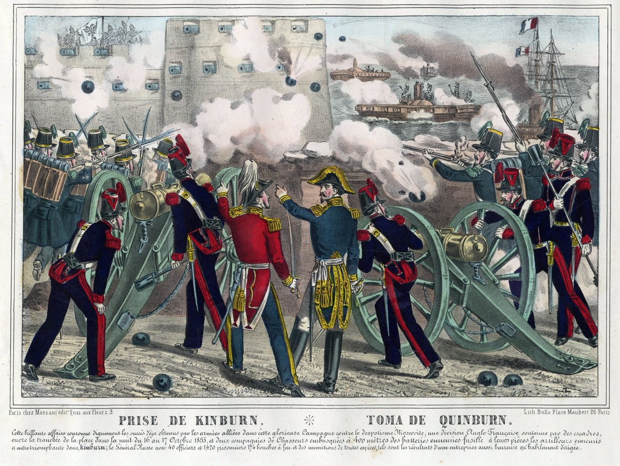 Guerre de Crimee - Bataille de Kinburn (1855) - Kinburn bombázása - Anonymous - 1857 - Litográfia, akvarell - 29,5x42,7 - Magángyűjtemény alkotó: Anonymous Anonymous