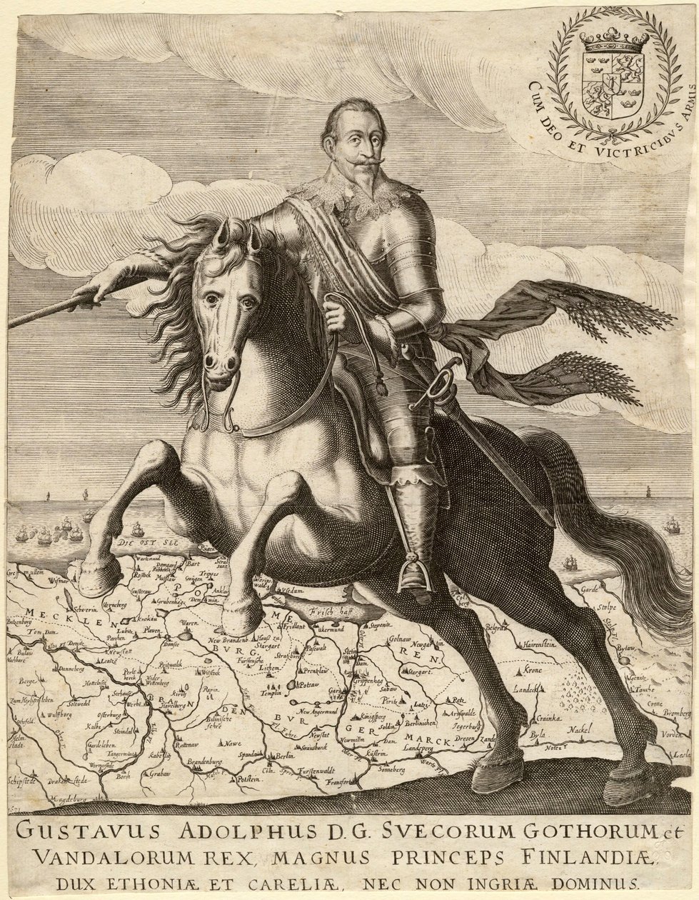 Gustave II Adolphe, dit le Grand ou le lion du Nord (1594-1632), svéd király, Pomeránia térképén lovagolva - Gustavus Adolphus Pomeránia térképe előtt a háttérben - Anonymous - 1630 - Rézmetszet - 30,4x23, 9 - Magángyűjtemény alkotó: Anonymous Anonymous