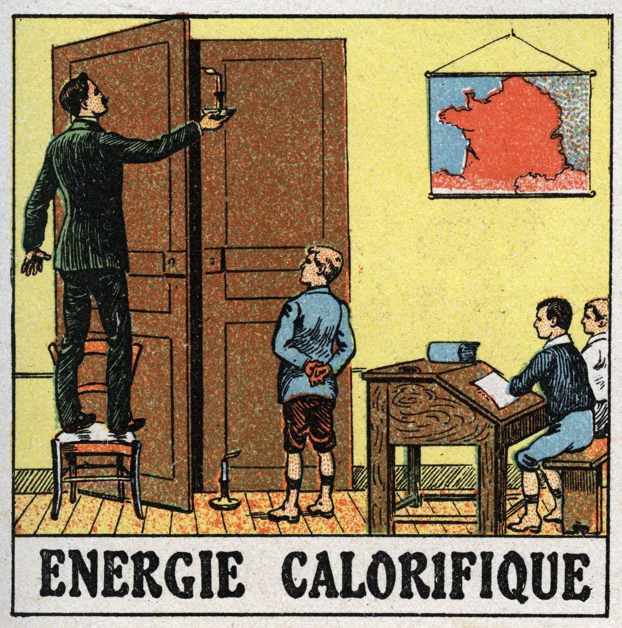 Hőenergia: egy tanár az osztályteremben egy gyertyát tart egy nyitott ajtó közelében. Névtelen illusztráció 1925-ből. Magángyűjtemény. alkotó: Anonymous Anonymous