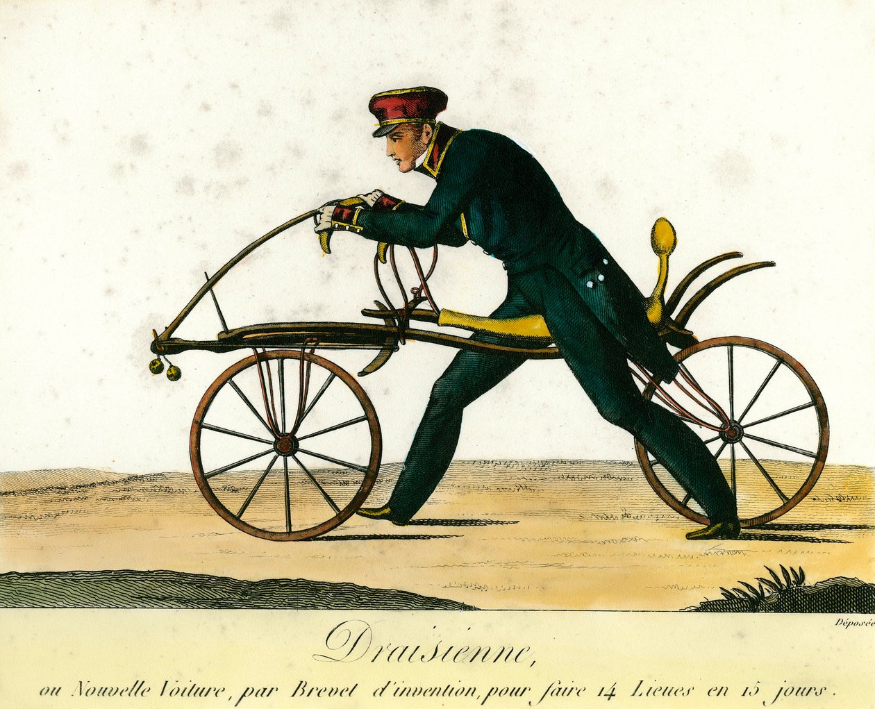 A kerékpár története: a draisienne, egy 1818 körül nagyon népszerű új jármű. Metszet 1818-ból. Magángyűjtemény alkotó: Anonymous Anonymous