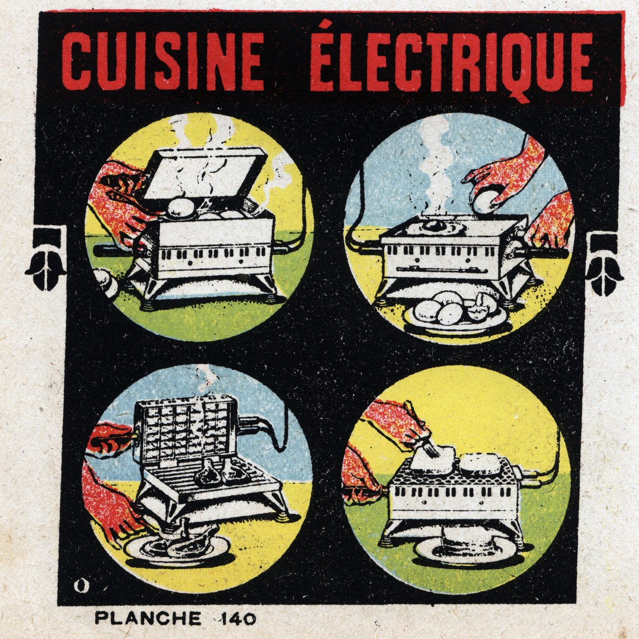 Háztartási villamos energia felhasználás: villanykonyha grillel. Névtelen illusztráció 1925-ből. Magángyűjtemény. alkotó: Anonymous Anonymous