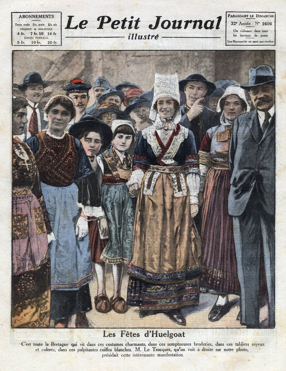Huelgoat hagyományos breton viseletben lakomázik a regionális szokások újjáélesztését támogató kezdeményezés alkalmából. Az 1921. 10. 09-i „” Le petit Journal illustrious””” illusztrációja. Magángyűjtemény alkotó: Anonymous Anonymous