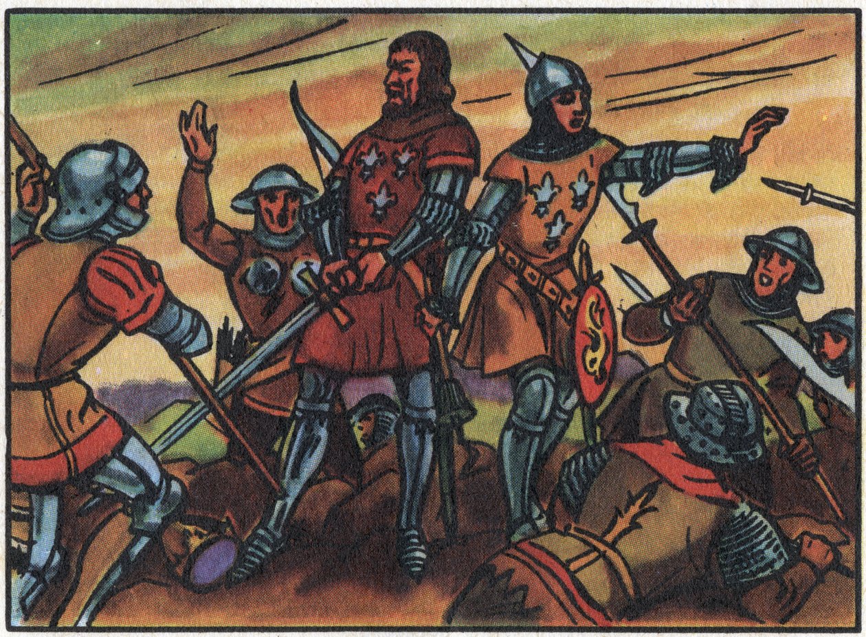 Százéves háború: „” Jó János francia király (1319-1364) angol fogságba esett a poitiers-i csatában 1356. szeptember 19-én. Névtelen illusztráció a „Collection des souverains et chefs d
