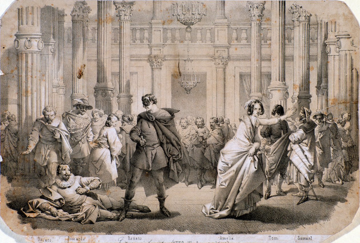 Álarcos bál illusztrációja, Giuseppe Verdi operája alkotó: Anonymous Anonymous