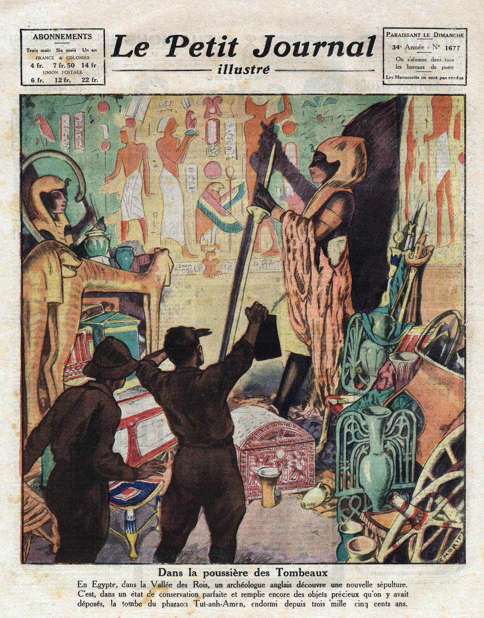 1922 novemberében Howard Carter angol egyiptológus és Lord Carnarvon először lépett be Tutanhamon fáraó sírjába – Illusztráció a „Le Petit Journal”-ból 1923.11.02. (metszet) alkotó: Anonymous Anonymous
