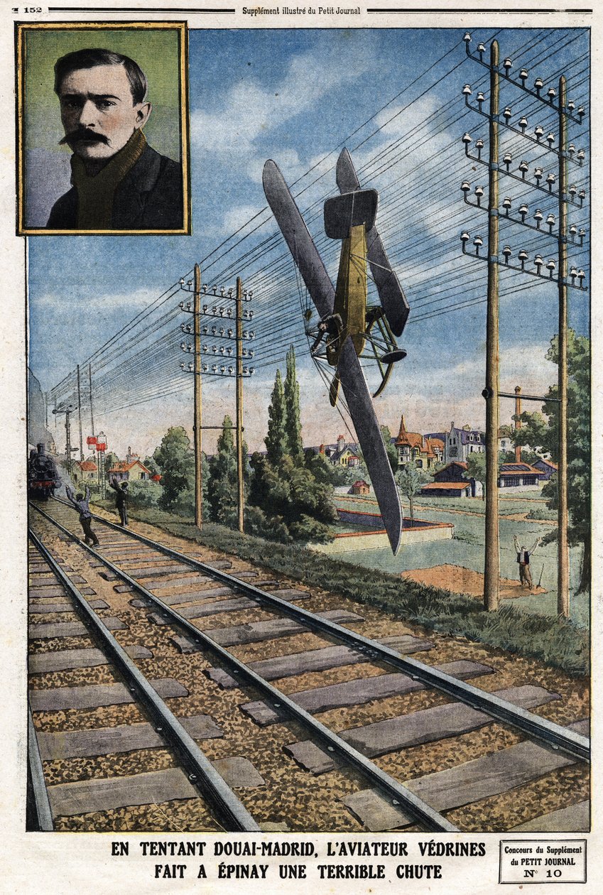 A csábító Douai Madridban Jules Vedrines (1881-1919) pilóta borzalmasan bukott Epinayt. Metszet a Le Petit Journalban”, 1912.05.12 alkotó: Anonymous Anonymous
