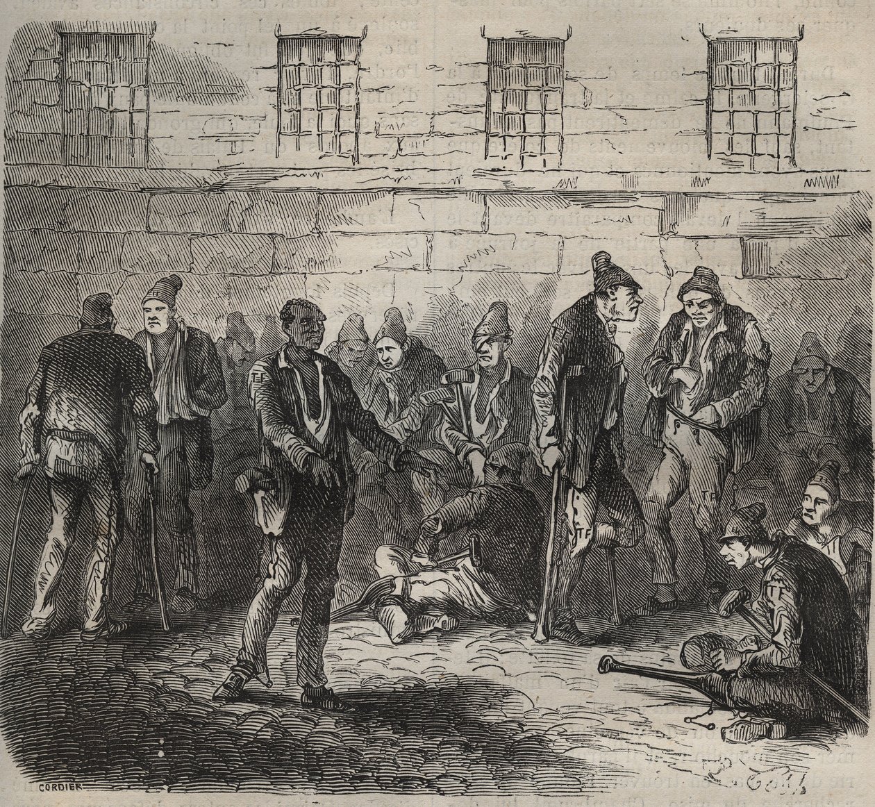 Gyenge erők a Toulon Bagne-nál a 19. században. Pierre Zaccone (1817-1895) (Colonia Penale - Büntetőtelep) metszet az „Elítéltek története a megalkotásuktól napjainkig” című könyvébe (1877). Magángyűjtemény. alkotó: Anonymous Anonymous