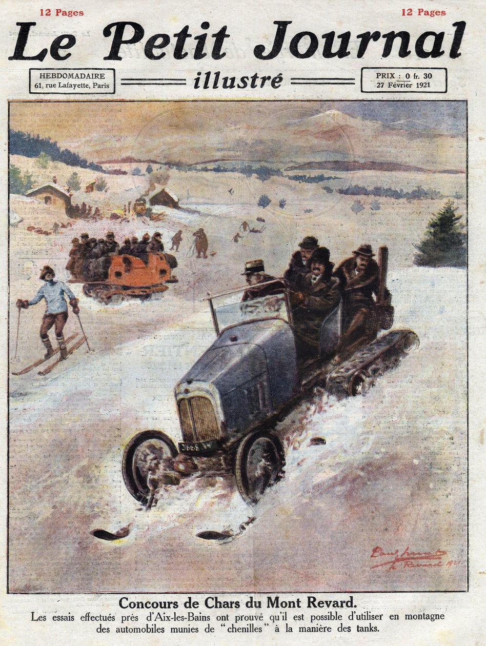 Innováció az autókon a hegyekben, a lánctalpakat a kerekekre helyezik, elkerülve az elromlást. Az illusztráció az 1921.02.27-i „” Le petit Journal”-ból származik. Magángyűjtemény alkotó: Anonymous Anonymous