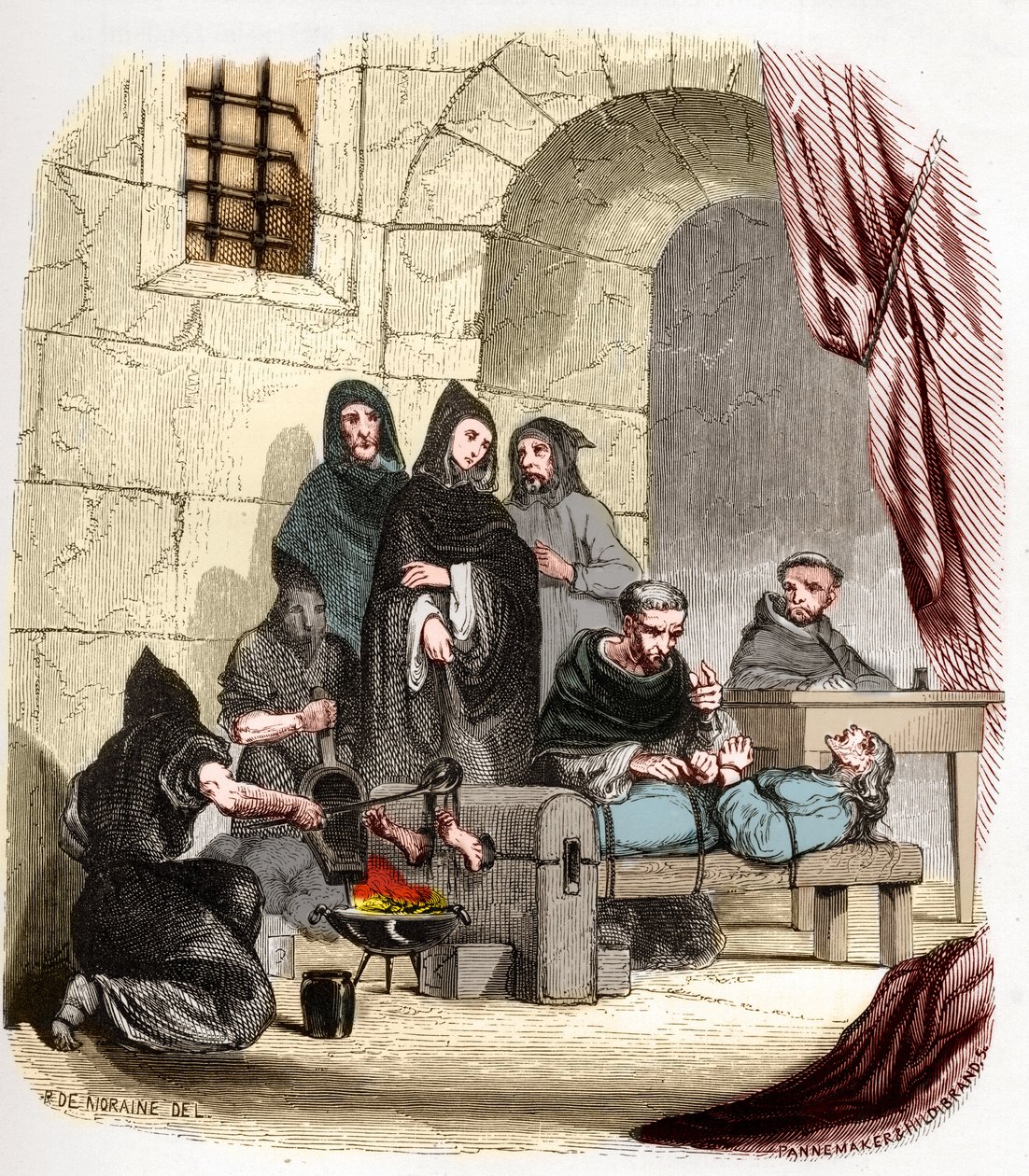 Inkvizíció Spanyolországban a 15. században: Burgundi Máriát (1457-1482), akit zsidósággal vádolnak, arbues-i (Pedro szent) Péter (1441/1442-1485), spanyol inkvizítor megkínozza: égeti a lábát. . Illusztráció a „” Az inkvizíció rejtélyei és alkotó: Anonymous Anonymous