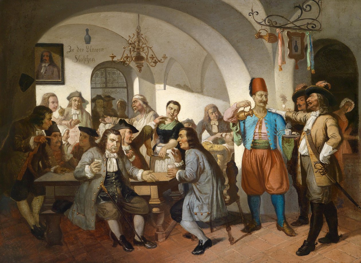 ""Egy kávézó belseje Bécsben, Ausztria"" (Old Vienna Coffee House Scene) Névtelen festmény 1900 körül Méret 63x100 cm Magángyűjtemény alkotó: Anonymous Anonymous
