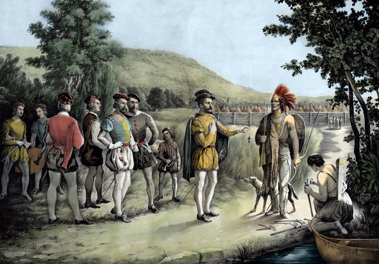 Jacques Cartier, első interjúja az indiánokkal Hochelagában, most Montrealban 1535-ben (litho alkotó: Anonymous Anonymous