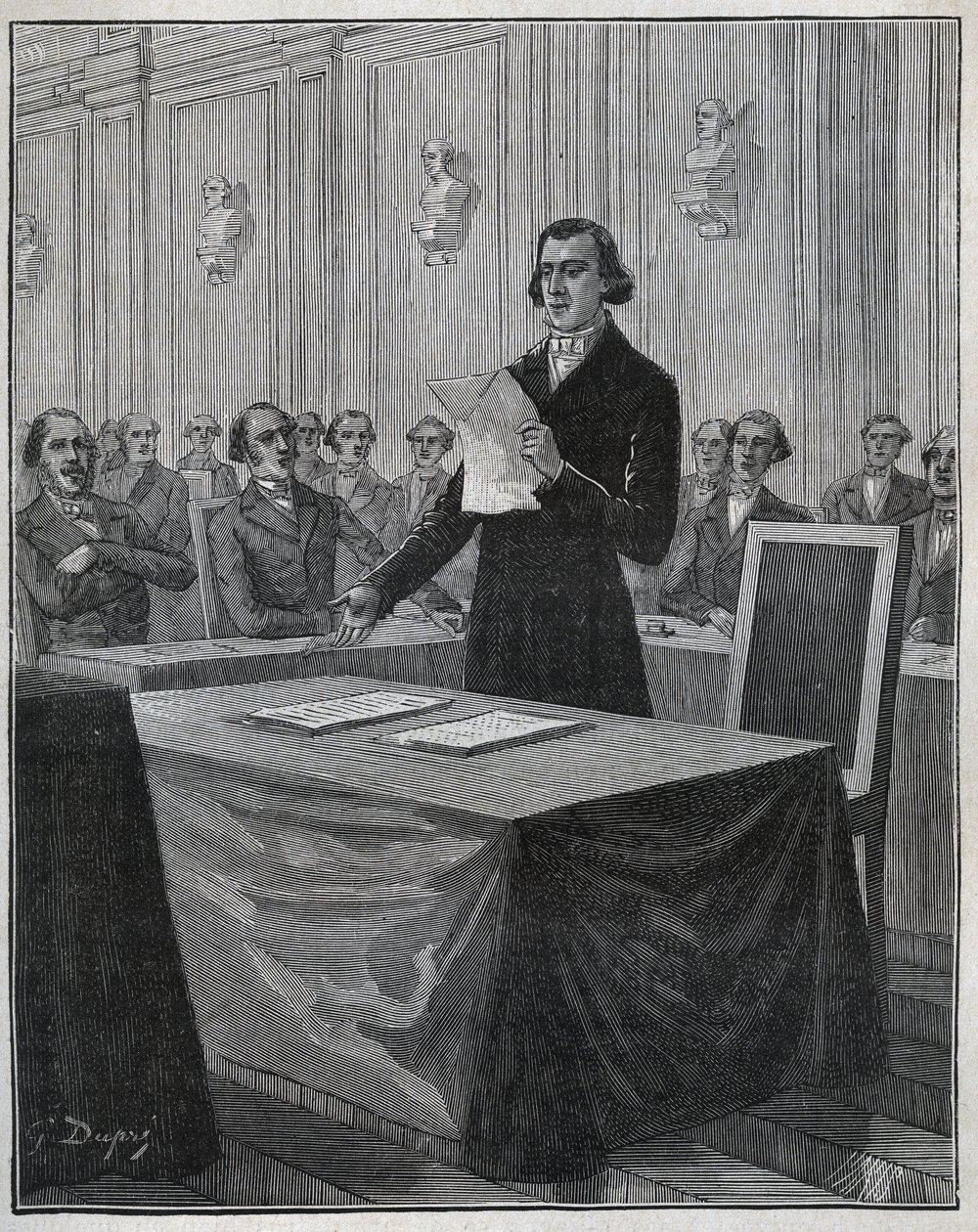 Jean Baptiste (Jean-Baptiste) Andre Dumas (1800-1884) francia kémikus bemutatta a Tudományos Akadémiának Ruolz és Elkington találmányáról szóló jelentését. Metszet 1885-ből Adolphe BITARD „” Les arts et metiers illustres” című könyvébe. alkotó: Anonymous Anonymous