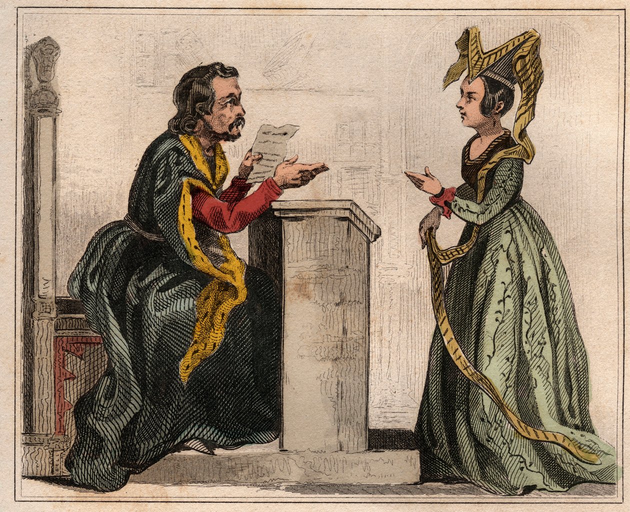 Jehan Pastoret (1328-1405), a párizsi parlament elnöke V. Károly uralkodása alatt egy nemes asszonnyal, liripiont viselő. Metszet 1859-ből a „” Le Monde-ban. Minden nép története a legtávolabbi időktől napjainkig”. írta: M. E. de Lostal alkotó: Anonymous Anonymous