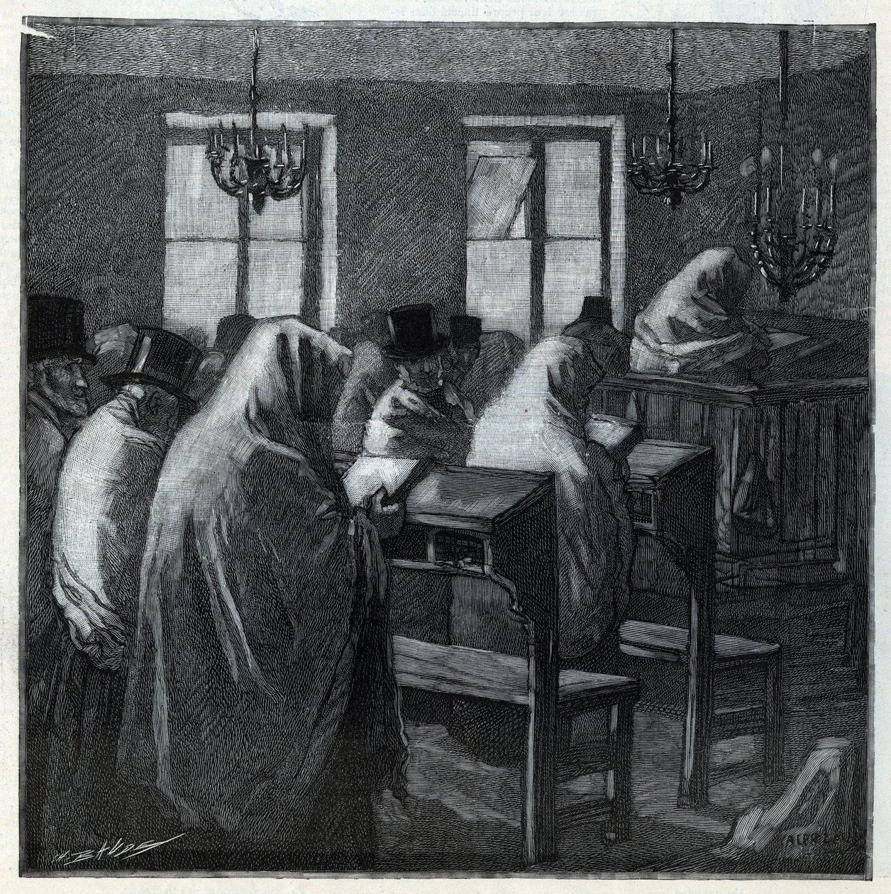 Zsidó lakomák: fideles az ima alatt az oratóriumban az ünnepek alatt. Metszet az 1892-es „Le monde illustree”-ben. Magángyűjtemény. alkotó: Anonymous Anonymous