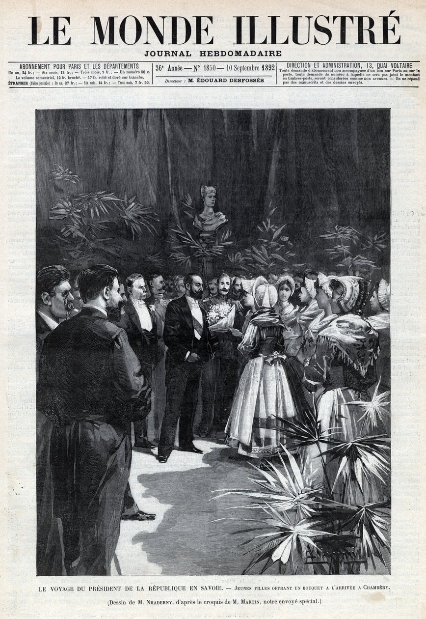 Sadi Carnot (1837-1894) utazása Savoyába: a köztársasági elnököt a Chamberyben fiatal lányok fogadják, virágcsokorral kínálva neki. Egy újság. Metszet az 1892-es „Le monde illustree”-ben. Magángyűjtemény. alkotó: Anonymous Anonymous