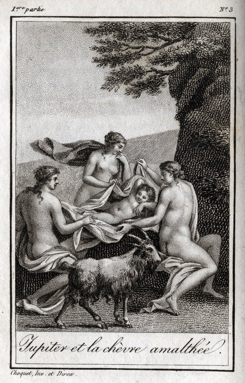 Jupiter gyermek, akit Amalthee kecske táplál. Metszet 1819-ből Charles Albert Demoustier (1760-1801) „Lettres a Emilie sur la mythologie” című művében. Magángyűjtemény. alkotó: Anonymous Anonymous