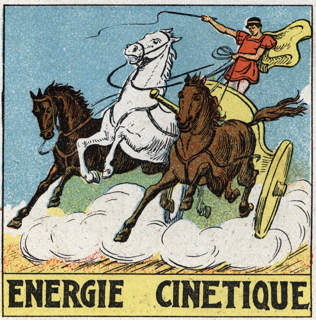 Kinetikus energia: aurige az ókor idején egy tank vezetése lovakkal. Névtelen illusztráció 1925-ből. Magángyűjtemény. alkotó: Anonymous Anonymous