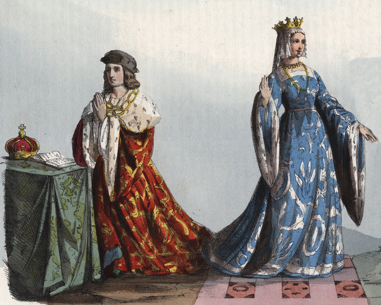 VI. Henrik angol király és hitvese, Anjou Margit – VI. Henrik Anglia (1421–1471) és Anjou-i Margarita (1429–1482) – metszet a „Szokások és szokások az Univerzum minden népének” c. Ez a kormány, a törvények, a milió története alkotó: Anonymous Anonymous