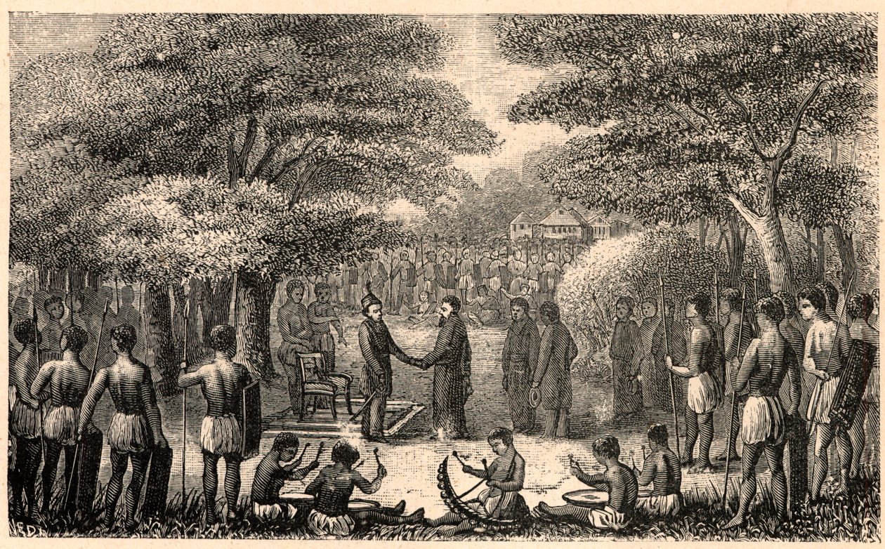 Lebuschi király üdvözli Henri Depelchint (1822-1900), jezsuita misszionáriust és az afrikai Felső-Zambeze misszió első felettesét. Louis-Eugene (Louis Eugene) Louvet „Katholikus missziók a XIX. században” című metszetébe. magángyűjtemény. alkotó: Anonymous Anonymous