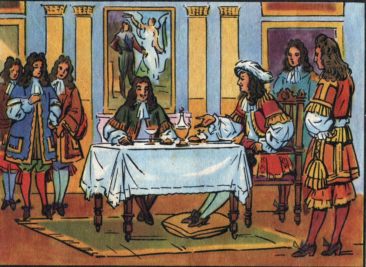 XIV. Lajos király (1638-1715) fogadta Jean Baptiste Poquelin dit Moliere (1622-1673) komikust és drámaírót a versailles-i kastélyban az udvar jelenlétében elfogyasztott reggeli során. Névtelen illusztráció a „” Collection des souverains et chefs d