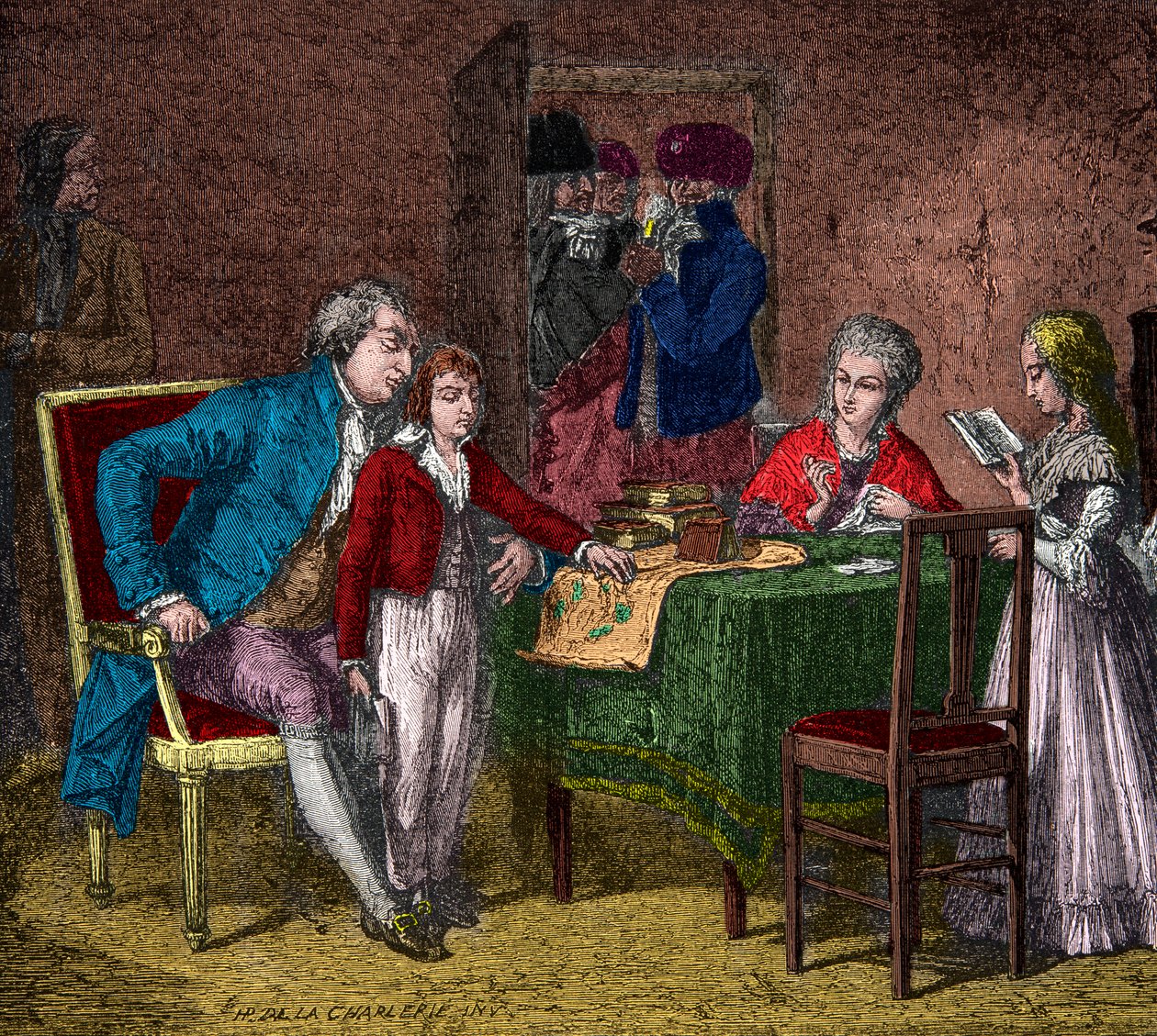 XVI. Lajos király és a királyi család a templomban őrzik a forradalmárok felügyelete alatt, Metszet, Magángyűjtemény alkotó: Anonymous Anonymous