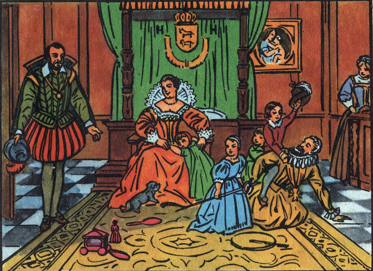 IV. Henrik francia király (1553-1610) gyermekeivel játszik a spanyol nagykövet előtt Középen, Medicis Mária királyné, a gyerekek XIII. Lajos, francia Erzsébet, francia Krisztina és Miklós. Névtelen illusztráció a „” Collectio-ban alkotó: Anonymous Anonymous