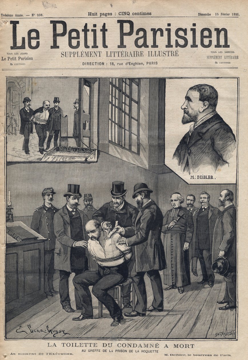 La Toilette du convicne a halál (Deibler) a de la Roquette börtön anyakönyvében – 1891-es „” Le petit Parisien”” metszet. Magángyűjtemény. alkotó: Anonymous Anonymous