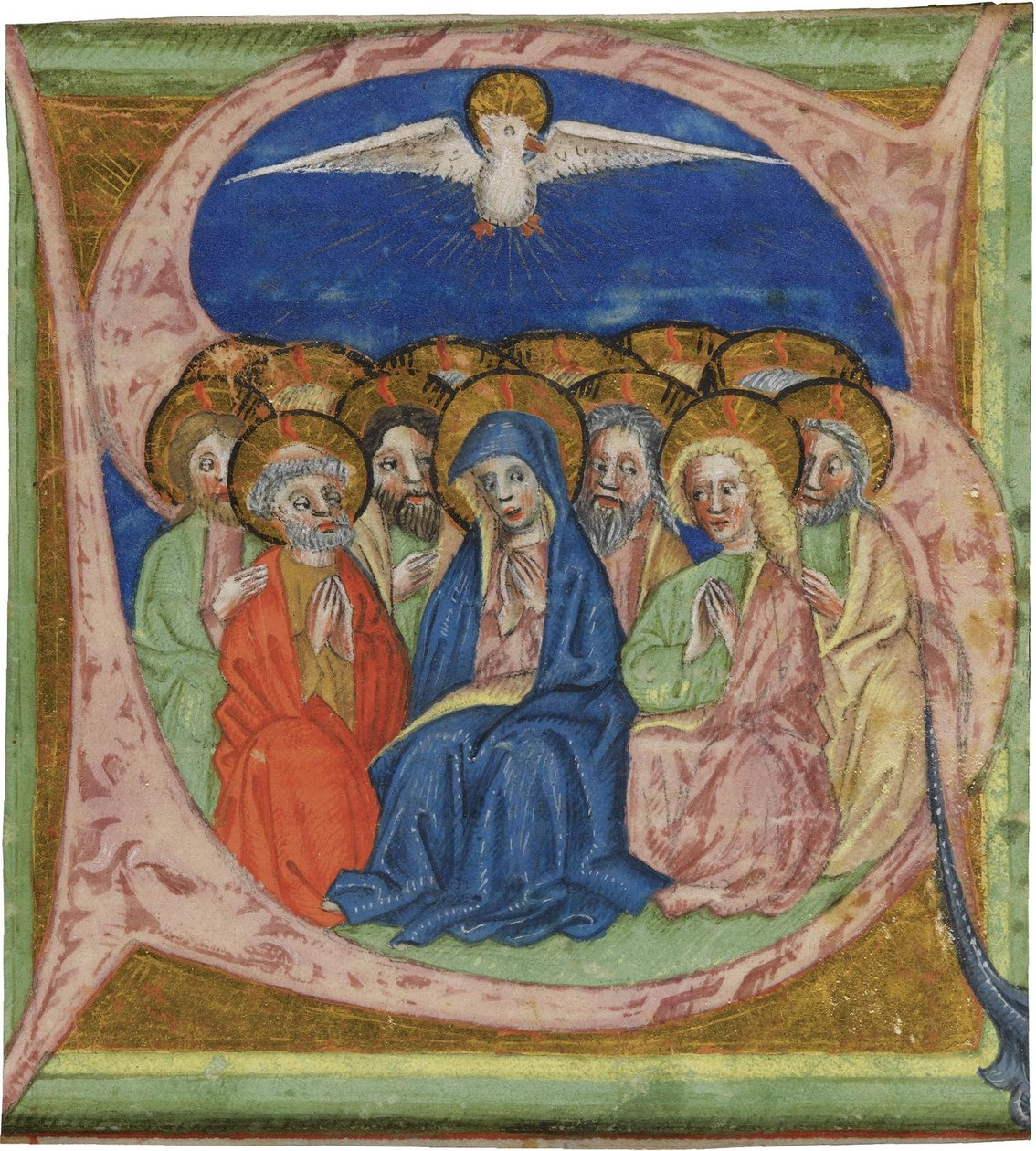 ""La pentecote"" (Pünkösd) S iniciálé egy névtelen kéziratból graduális 1430 körül Mérete 10,2x9,3 cm (S kezdetű egy Anonymous Gradual kéziratából, kb 1430 - Akvarell pergamenen) Magángyűjtemény alkotó: Anonymous Anonymous