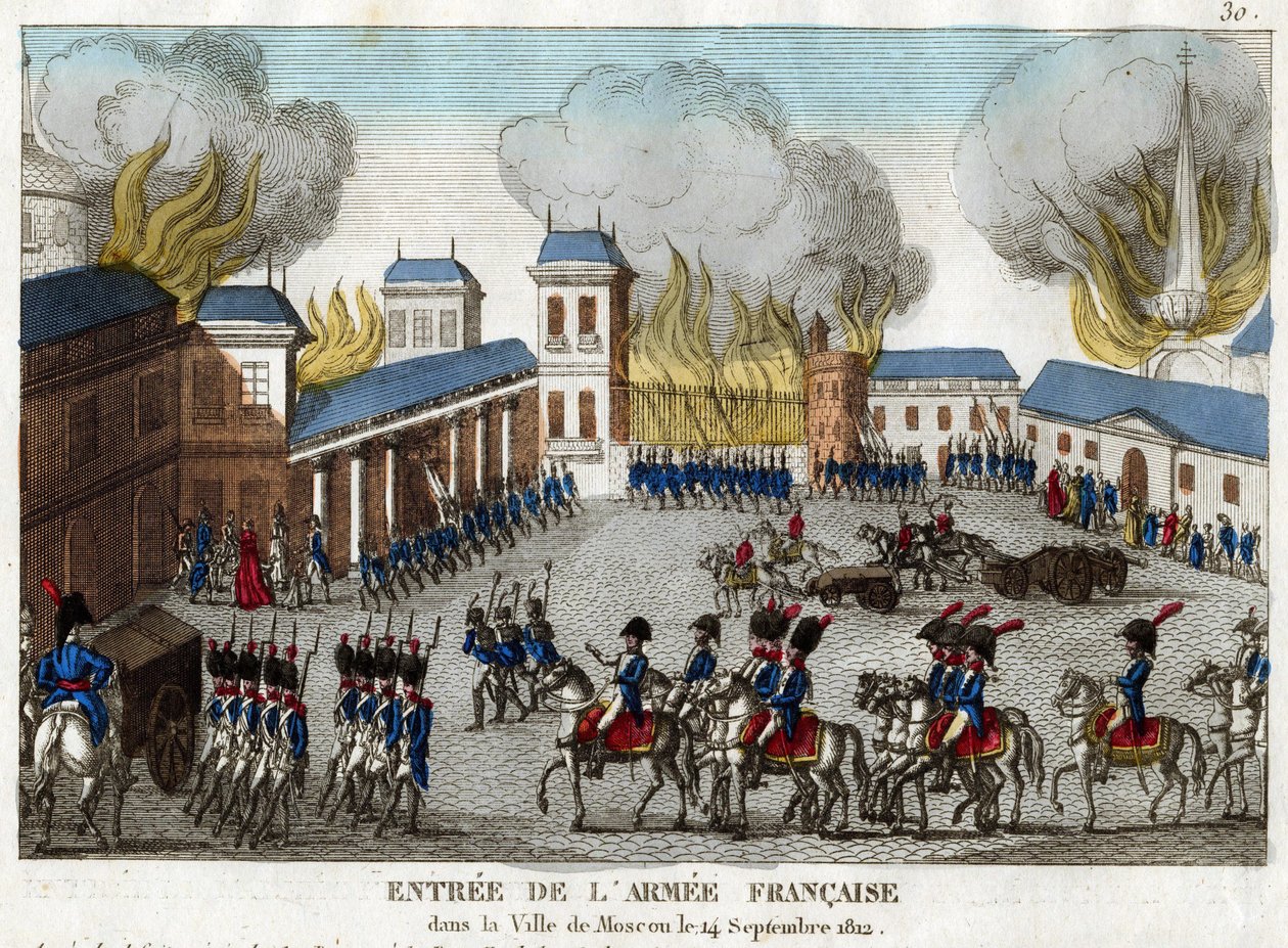 Moszkva elfoglalása I. Napóleon hadserege által 1812. szeptember 14-én - A Grande Armee belép Moszkva városába - Anonymous - 1812 - Rézkarc, akvarell - 23,4x28,6 - Magángyűjtemény alkotó: Anonymous Anonymous