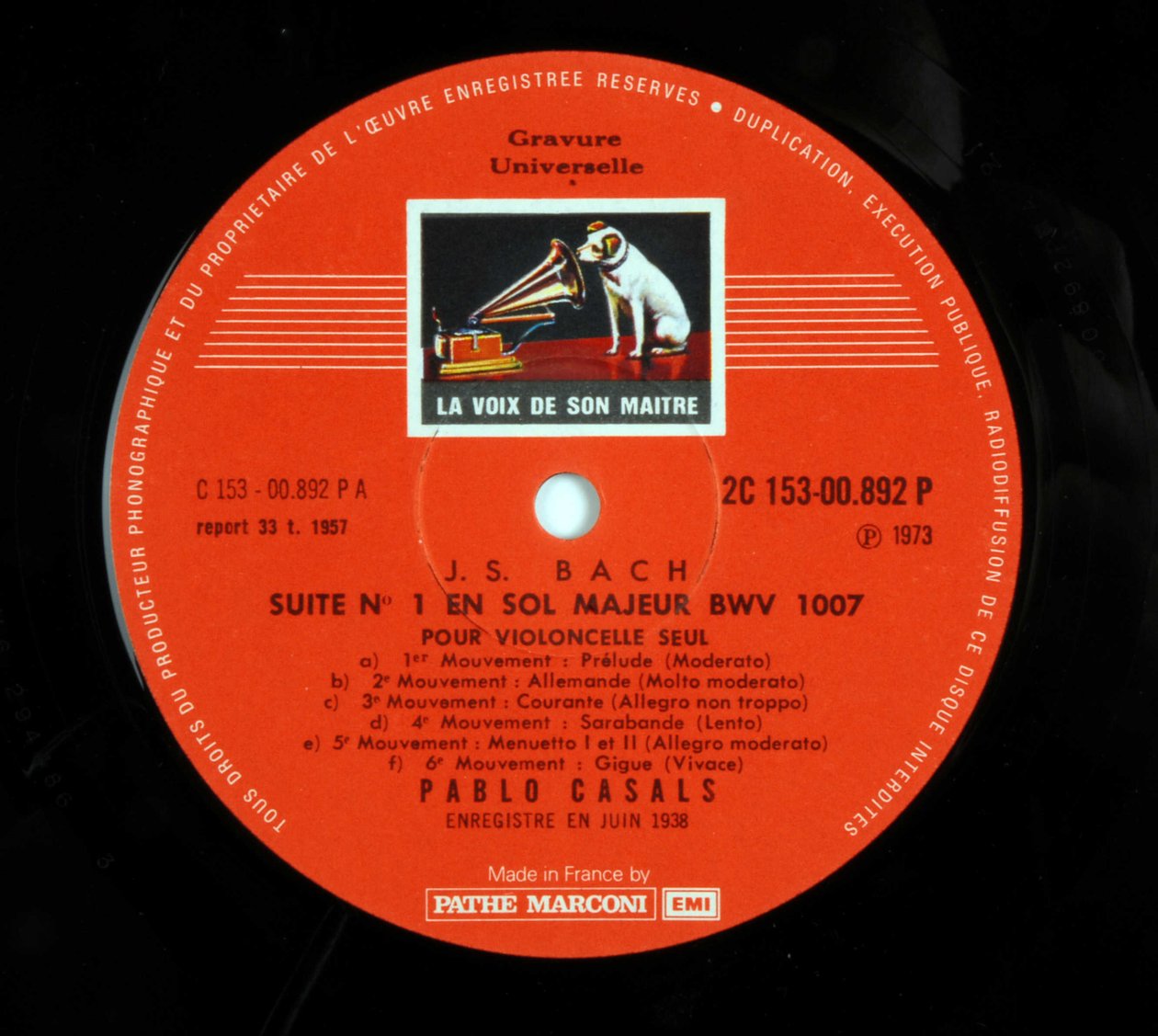 Az „EMI, a mesterének hangja” márka 33 fordulatú lemezének kiadója, Pablo Casals Jean Sebastien Bach (Johann Sebastian Bach) 6-os csellószvitjét tolmácsolja alkotó: Anonymous Anonymous
