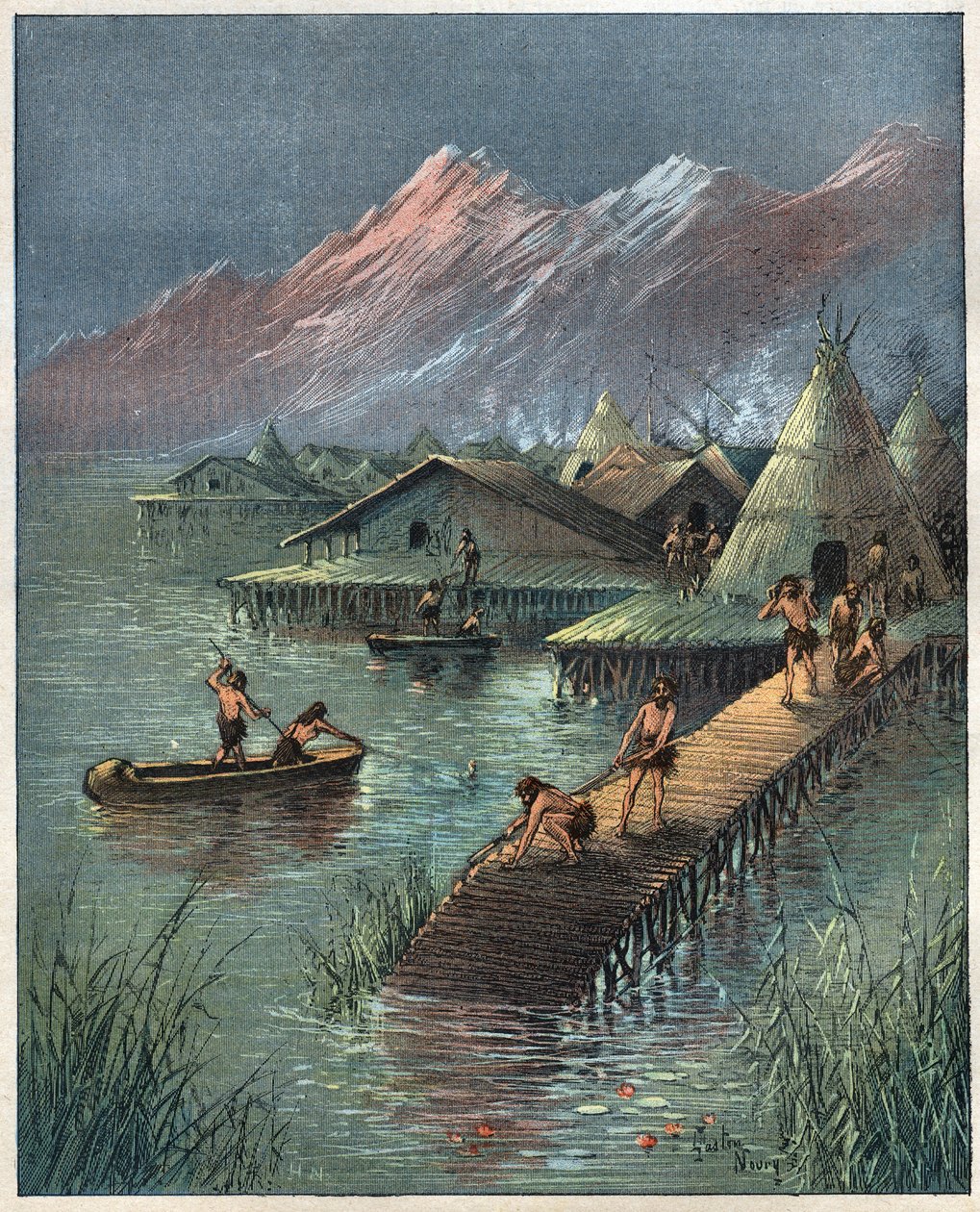 Lake Village, Prehistoric Lake Cite (Village bati sur stilotis) (The palafitte, Palafitta) Metszet 1892-ből. alkotó: Anonymous Anonymous