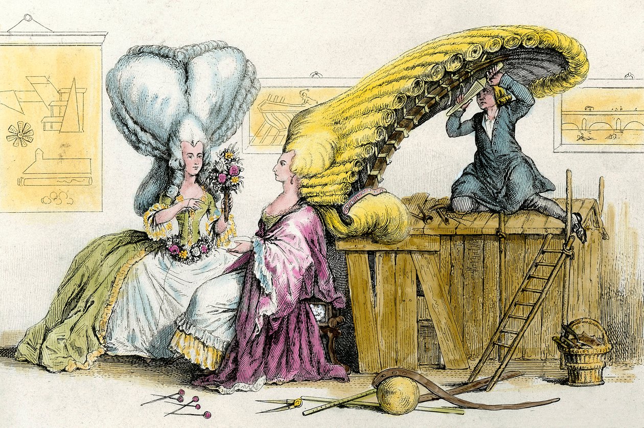 Nagy, különc frizurák: fiatal nemesi nők parókával. Metszet 1788-as magángyűjteményből alkotó: Anonymous Anonymous