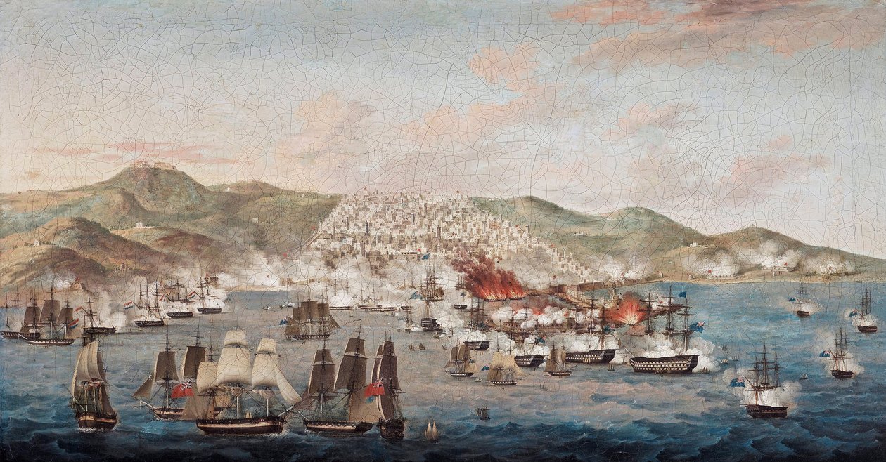 Algír (Algéria) bombázása, 1816. augusztus 27., Sir Edward Pellew (1757-1833) által elrendelt büntetőakció a brit konzul, valamint több mint 1000 keresztény rabszolga, algériai fogságba esett egykori tengerész szabadon bocsátása érdekében. - A denevér alkotó: Anonymous Anonymous