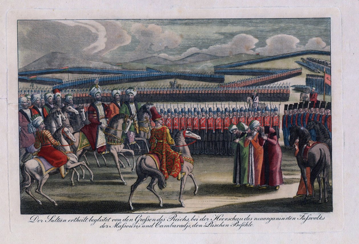 ""III. Szelim oszmán szultán (1761-1808) áttekinti új gyalogságát"" Névtelen metszet 1806 Magángyűjtemény alkotó: Anonymous Anonymous