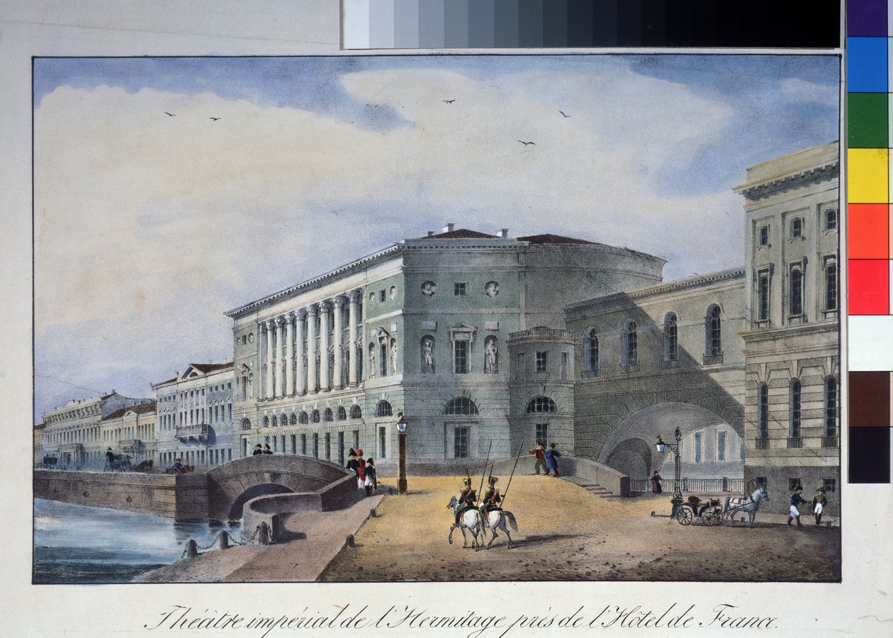 A Szentpétervári Ermitázs Színház. Névtelen litográfia, vízfestékkel színezett, 1840 körül. A. Puskin Emlékmúzeum, Szentpétervár. alkotó: Anonymous Anonymous