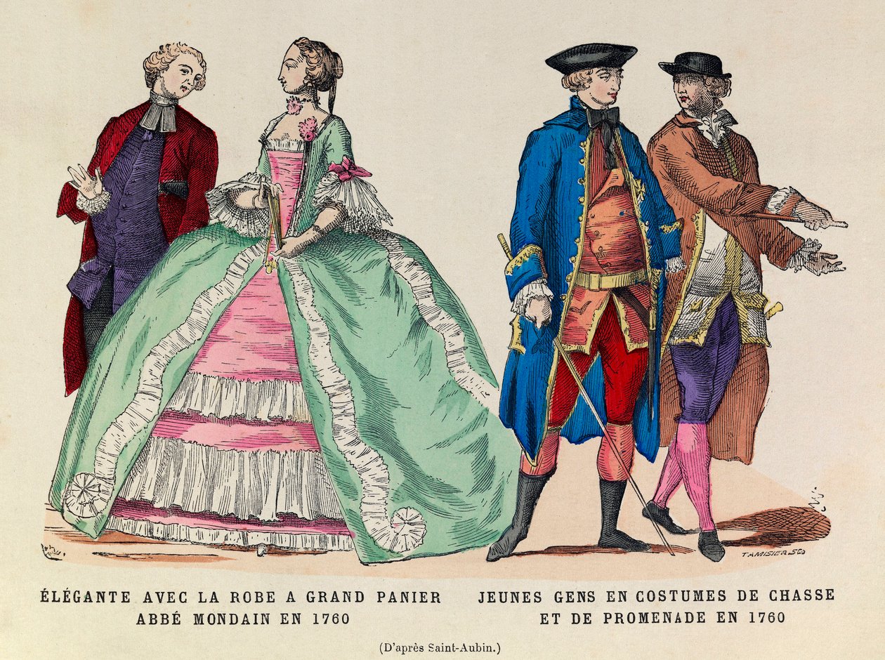 Balra: Elegáns nagy kosaras ruhával, mondain abbé 1760-ban/jobbra: Fiatalok vadász- és járásruhában 1760-ban (XV. Lajos király uralkodása) - magángyűjtemény alkotó: Anonymous Anonymous