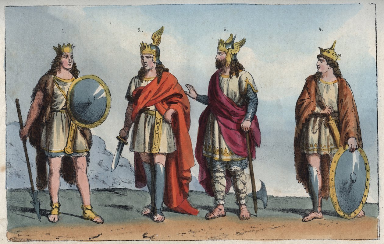 Les Merovingiens - Meroving-dinasztia - Pharamond vagy Faramund (- Chlodio (Clodius, Clodion, Cloio vagy Chlogio) (Clodion le Chevelu) (kb. 390 - kb. 450) - Merovech (Merovee vagy Merowig, kb. 412-457) és Clovis (kb. 466-511 ”- metszet az „Usi e Costumi di alkotó: Anonymous Anonymous